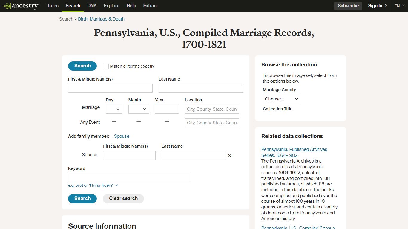 Pennsylvania, U.S., Compiled Marriage Records, 1700-1821